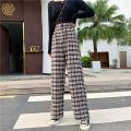 Zoki Plaid Women Pants Elastic High Waist Korean Fashion Plus Size Loose Spring Ladies Full Straight Pants Casual Trousers S-4XL. 