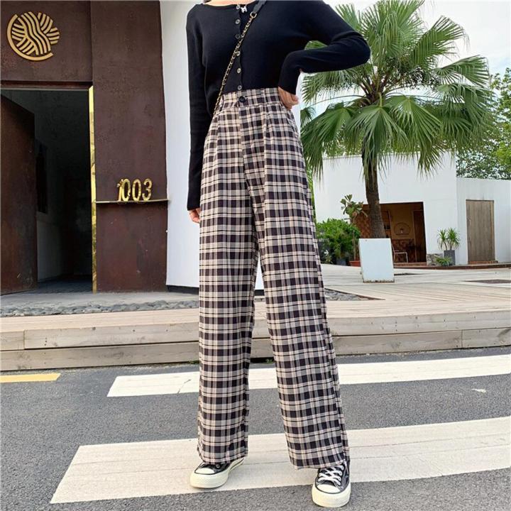 Zoki Plaid Women Pants Elastic High Waist Korean Fashion Plus Size Loose Spring Ladies Full Straight Pants Casual Trousers S-4XL