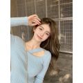 Knitted Sweater Bottoming Shirt Women's Design Sense Niche Chic Short Inner Tight Blue Long Sleeved Top.