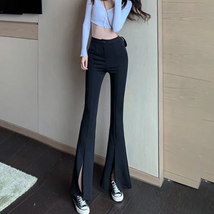 Quarter%20Women's%20Elastic%20Waist%20Solid%20Flare%20Pants%20Stretchy%20Bell%20Bottom%20Black%20Split%20Suit%20Trousers%20Clothing%20BQ%20-%20Image%204