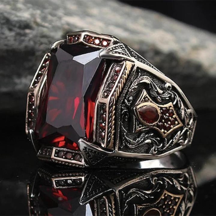 Retro Handmade Islamic Men Ring Vintage Turkish Double Swords Yellow Red CZ Stone Ring Punk 2022 Trendy Religious Muslim Jewelry