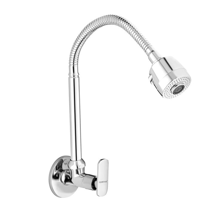 Wall Mounted Chrome Kitchen Sink Cock with Flexible Spout and Spray Flow