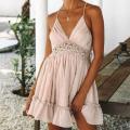 Women Summer Dress Sexy Lace Bow Backless V-neck Mini Beach Dresses Sleeveless Mini Ruffle White Dress Woman Summer 20. 