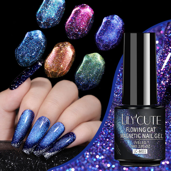 LILYCUTE 7ml Colorful Double Light Cat Magnetic Gel Nail Polish Sparkling Rainbow Glitter Semi Permanent Nail Art UV Gel Varnish