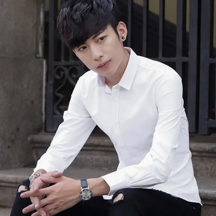 Men Fashion Casual Long Sleeve White Shirt Super Slim Fit Male