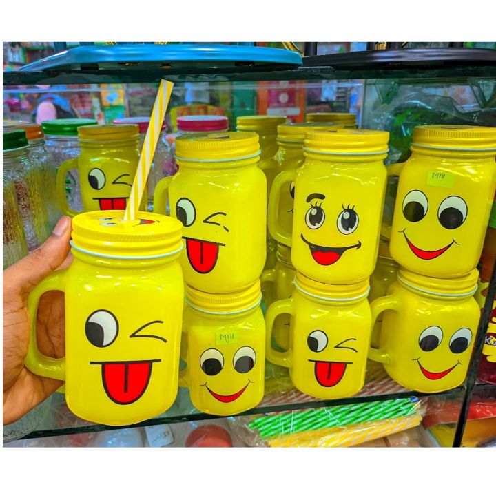 Exceptional Quality - Beautiful Emoji Glass Mason Jar With Lid And Straw 450Ml - Vintage Choice For Stylish Beverages