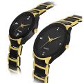 Couple Gold & Black Watch With Box Metal Chain - Watch.
