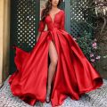 Women's Dress Spring Slim Lace Stitching Split Dress Women's Fashion Long Sleeve V-neck High Waist Party Formal Dress.