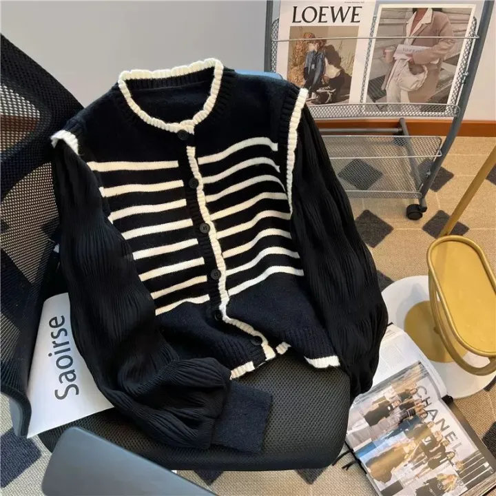 French%20Striped%20Sweater%20Women's%20Spring%20and%20Autumn%20Thin%20Design%20Puff%20Sleeve%20Patchwork%20Retro%20Fake%20Two-Piece%20Top%20-%20Image%202
