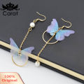 Sweet Women Butterfly Gauze Circle Faux Pearl CZ Long Dangle Asymmetric Earrings. 