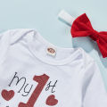 Ma&Baby 3 Pieces Baby Suit Set, Letter Print Round Neck Long Sleeve Romper+ Tiered Skirt+ Headband, White Red, 0-24 Months. 