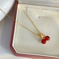 Fashion Red Cherry Necklace Sweet Ruby Summer Chic Rhinestone Cubic Zirconia Gold Pendant Necklace Clavicle Chain for Women Girls Boho Wedding Jewelry Gifts.