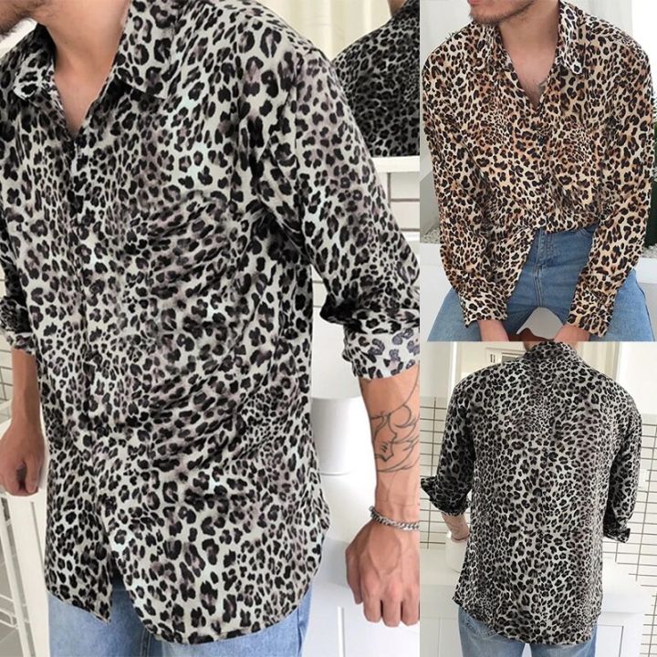 Mens Fashion Leopard Print Shirt High Quality Long Sleeve Shirt Social Man Casual Party Homme Shirt