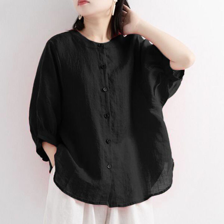 Ladies%20Summer%20Lantern%20Sleeve%20Tops%20For%20Girls%20Students%20Solid%20Color%20Cotton%20Linen%20Blouse%20Round%20Neck%20Pullover%20Shirt%20-%20T%20Shirt%20For%20Girls%20-%20Image%203