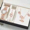 Elegant Ladies' Watch Set with 6pc Dainty Quartz Watch Heart Jewelry Set Rhinestone Double Heart Necklace Bracelet Earrings Ring. 