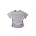 European and American Solid Color Shoulder T T-shirt Short-Sleeved Women's Summer Slim-Fit Chic Short Waist Easy Matching Waisted Gray Top.