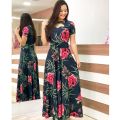 Women Short Sleeve Hollow Out O-neck Long Dress Summer Elegant Floral Printed High Waist Elastic Elegant Boho Robe Maxi Vestidos. 