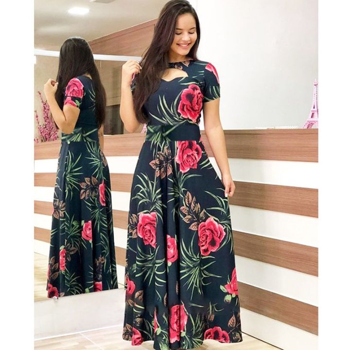 Women%20Short%20Sleeve%20Hollow%20Out%20O-neck%20Long%20Dress%20Summer%20Elegant%20Floral%20Printed%20High%20Waist%20Elastic%20Elegant%20Boho%20Robe%20Maxi%20Vestidos%20-%20Image%204