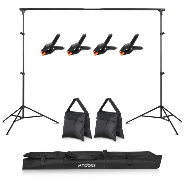 2 * 3 Meters/ 6.6 * 10 Feet Aluminum Alloy Studio Backdrop Stand Bracket Adjustable Photography Background Support System with 2pcs Sandbags + 4pcs Backdrop Clamps + Carry Bag Easy Installation