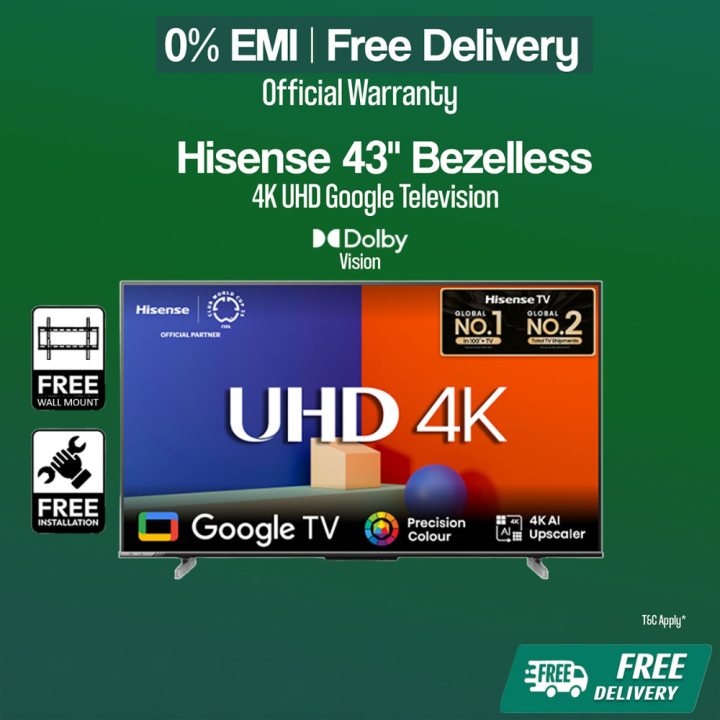 Hisense 43 inch Bezelless Dolby Vision 4K UHD Smart LED Voice Control Google DTS TV 43A6F3 with Free Delivery