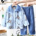 New Kids Boys Girls Autumn Winter Flannel Pajama Sets Cute Cartoon Long Sleeve Lapel Tops with Pants Baby Sleepwear Clothing. 