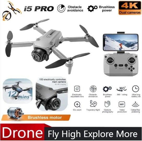 i5 Pro Drone FPV WiFi Drone for One Key Landing, Optical Flow Hover Brushless Motor 2 Battery