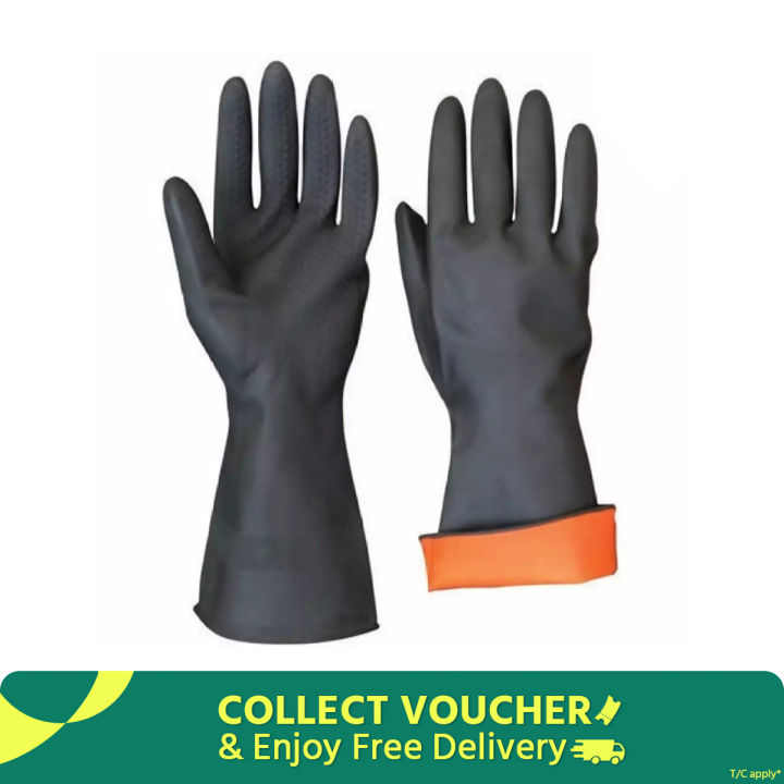 Rubber Safety Hand Gloves Black And Orange Latex use for Resist Oil, Acids, Chemical, Gardening, Kitchen Works. pack of 1 pair.