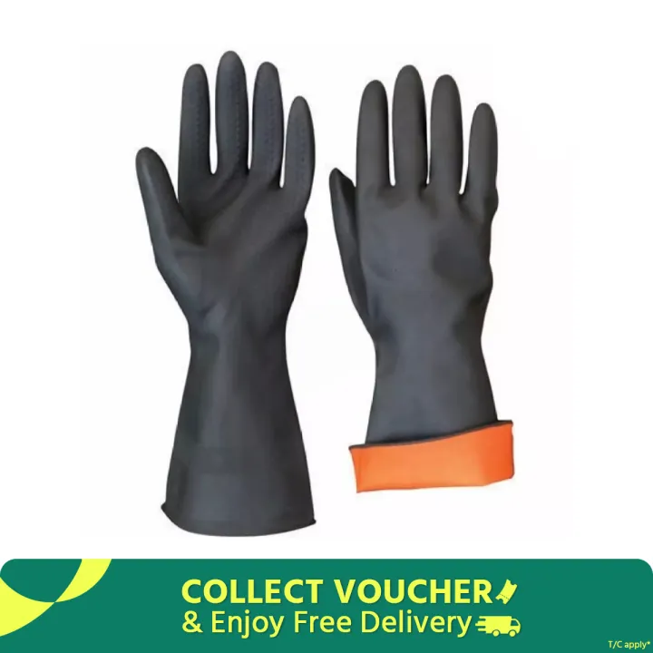 Rubber Safety Hand Gloves Black And Orange Latex use for Resist Oil, Acids, Chemical, Gardening, Kitchen Works. pack of 1 pair.