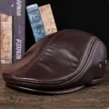 natural cowhide leather hat men's  leather berets fashion brand caps winter warm men leather cap earmufhats. 