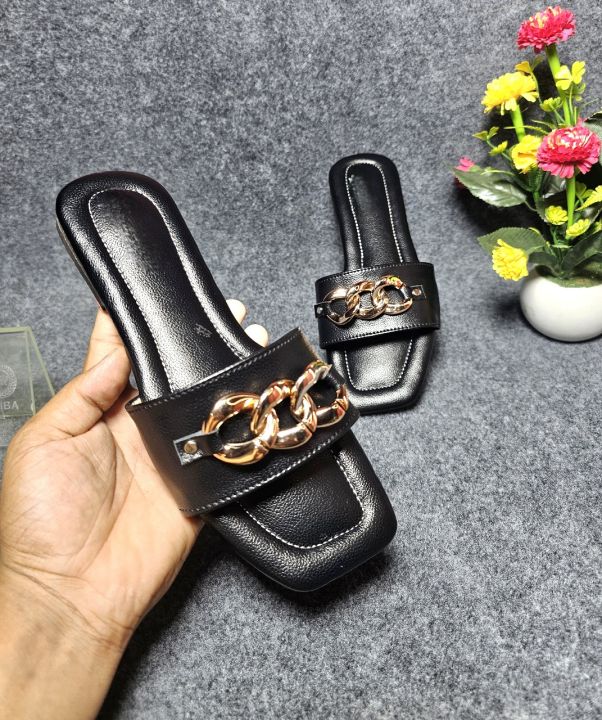 Girls Flat Casual Chain Design Slippers Sandals Ladies Slim Shoes  Womens Fashionable Slips Slipper