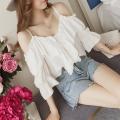 Off-Neck Sling Shirt Ruffled off-Shoulder Top Trendy Loose2023Summer New Women's Korean Style Slimming. 