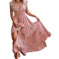 Elegant Vintage Women Maxi Dress Sleeveless V Neck Floral Print Large Hem Long Polyester Dress for Party Dating Daily.