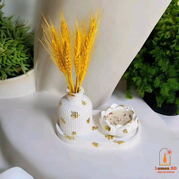 Handmade Gypsum Vase Set – 3 in 1 Combo (Tray, Vase & Lotus Jar ...