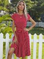 Women Polka Dot Print Vestido summer Elegant High Waist Short Sleeve Midi Dresses 2023 Beach Casual Floral Pleat A-line Sundress. 