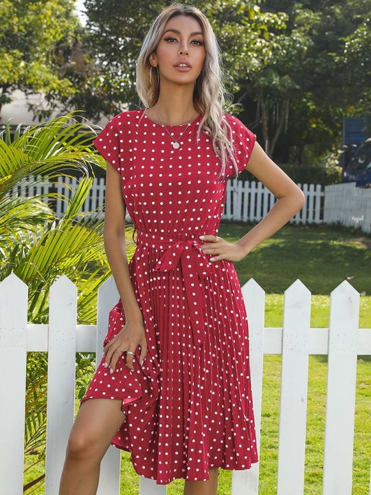 Women%20Polka%20Dot%20Print%20Vestido%20summer%20Elegant%20High%20Waist%20Short%20Sleeve%20Midi%20Dresses%202023%20Beach%20Casual%20Floral%20Pleat%20A-line%20Sundress%20-%20Image%208