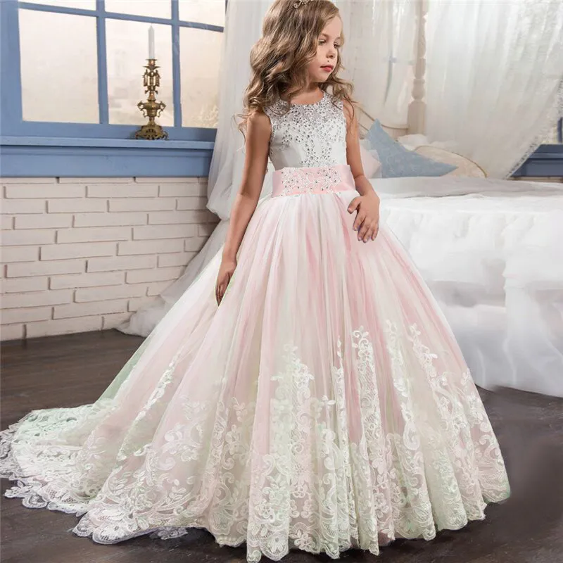 Girls Formal Dress Long Bridesmaid Kids Dresses For Girls Teen Children  Princess Party Wedding Gown Evening Lace Tailing Vestido