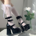 Lapolaka Women Bow Decor Chunky Heeled Pumps, Lolita Ankle Strap Pumps House Foocus. 