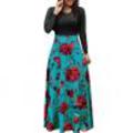 Women O Neck Long Short Sleeve Floral Print Large Hem Waist Tight Maxi Dress. 