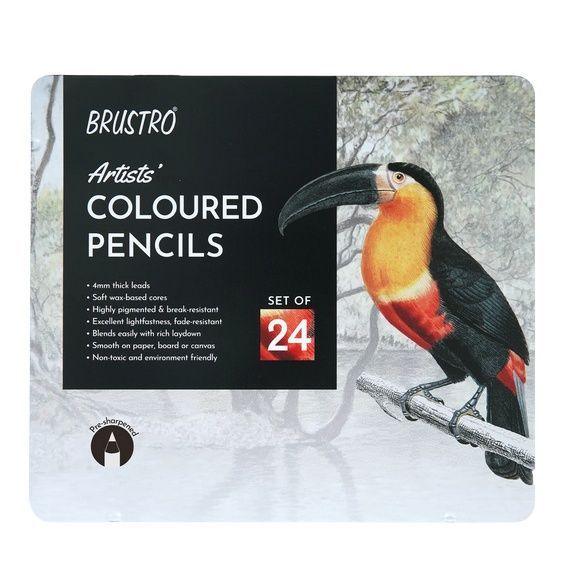 BRUSTRO Artists Colour Pencil | Set of 24 an Elegant tin Box Ideal for Students,Adults, Bright,Vibrant shades,Break & Fade resistant, DIY Art,Highly Pigmented, School, Portrait, Coloring
