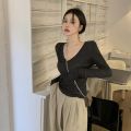 Pure Desire Style ShoulderVCollar Long SleeveTT-shirt Women's Spring and Autumn Thin Hot Girl Slim Fit Slimming Basic Black Primer Top.