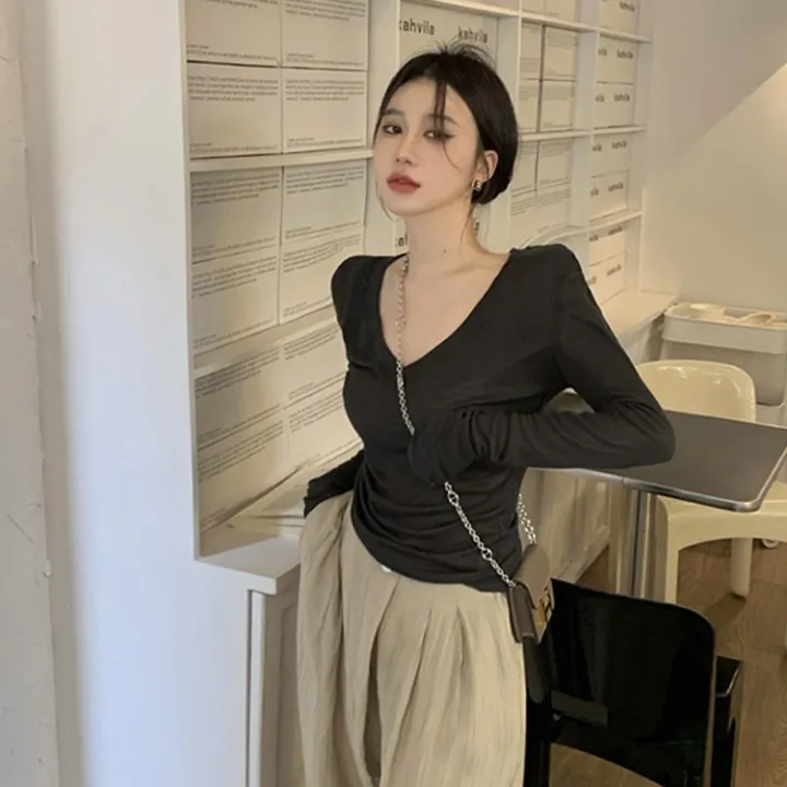 Pure%20Desire%20Style%20ShoulderVCollar%20Long%20SleeveTT-shirt%20Women's%20Spring%20and%20Autumn%20Thin%20Hot%20Girl%20Slim%20Fit%20Slimming%20Basic%20Black%20Primer%20Top%20-%20Image%202