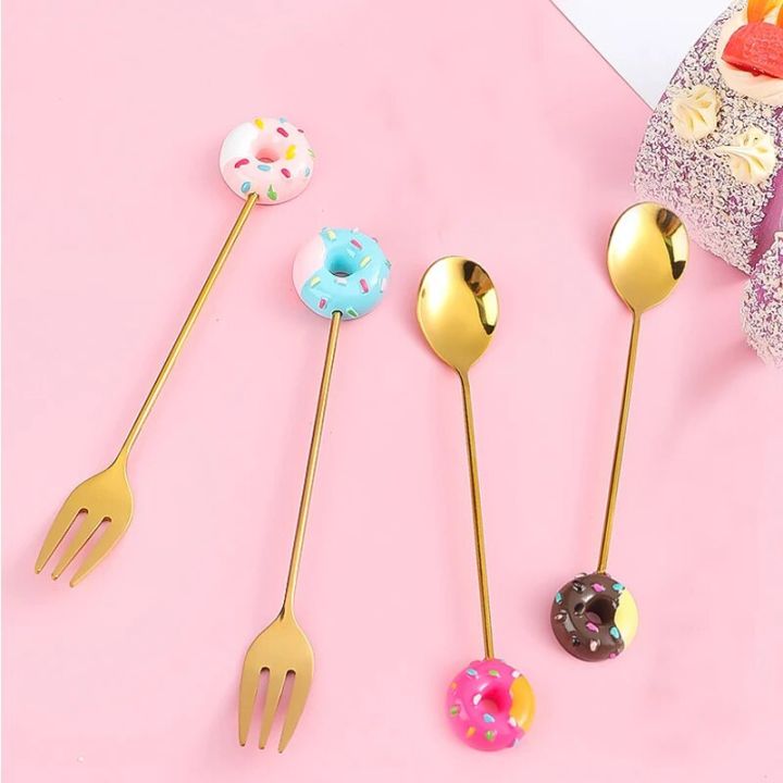 Cute Stainless Steel Spoon Fork Version Rainbow Lollipop Donut Macaron Dessert Spoons Cake Fruit Forks Tableware Kitchen Supply