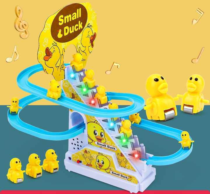 Funny Duck Climbing Stairs Track Toys Electric Music Slide Stair Climbing Toy, Ducklings Cartoon Race Track Set Little Lovely Penguins Slide Toy Escalator Toy with Lights and Music