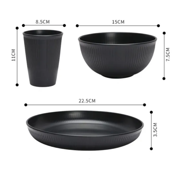 3pcs/set%20Eco-friendly%20Plastic%20Black%20Tableware%20Set%20Vertical%20Stripes%20Anti-fall%20Cutlery%20Set%20Plate/Bowl/Cup%20Party%20-%20Image%202