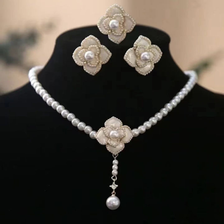 Pearl Flower Jewelry Set Women Sweet Elegant Pearl Necklace Earrings Ring Sweet Choker Fashion Wedding Jewelry Cologo