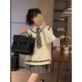 Three Piece Set/Single-Piece College Style Spring and Autumn New Knitted Vest Sweater Female Students+Shirt+Pleated Skirt. 