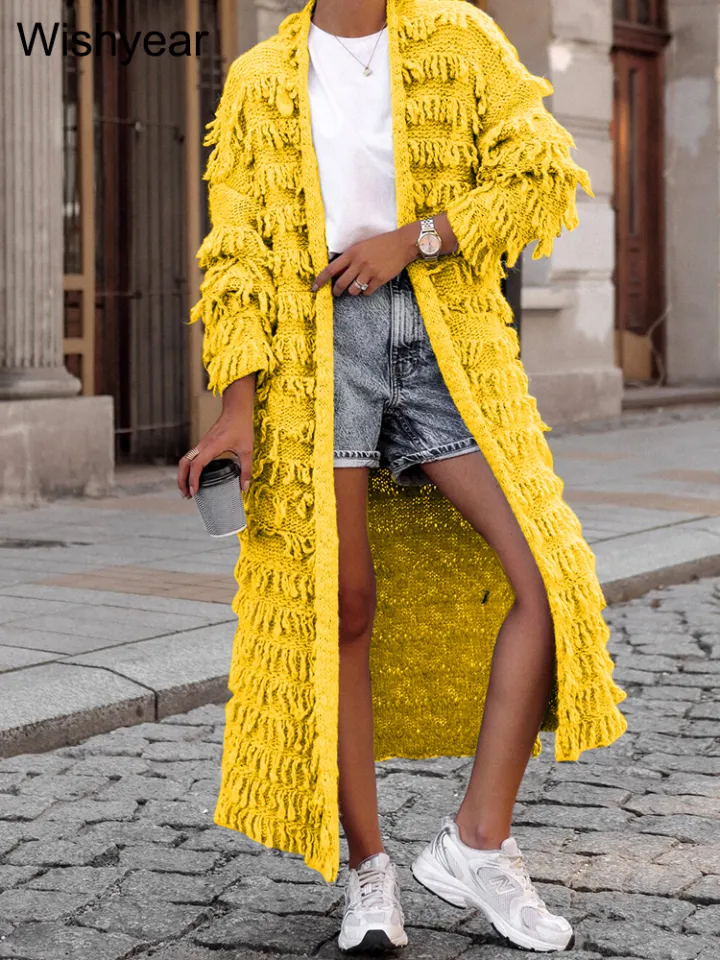 Solid Tassel Knitted Sweater Long Cardigan Women Winter Full
