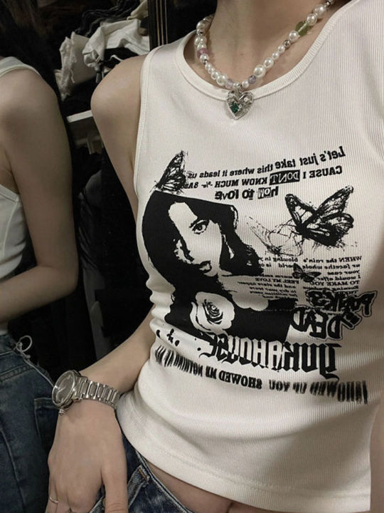 Y2k Grunge Print Sleeveless Tank Top for Women Ribbed Knit Vest Streetwear Aesthetic Clothing Female Crop Top Women 2000s