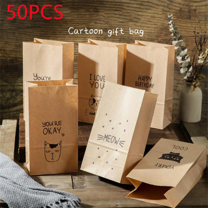 50pcs Kraft Paper Gift Bag Candy Cookies Kraft Paper Bags Gift Packing Wedding Home Party Birthday Gift Packaging Cat Pattern