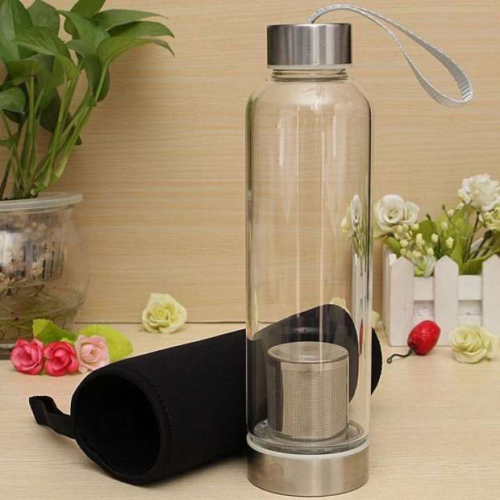 BPA Free Glass Sport Water Bottle with Tea Filter Infuser Protective Bag 550ml - Water Bottle - Water Bottle